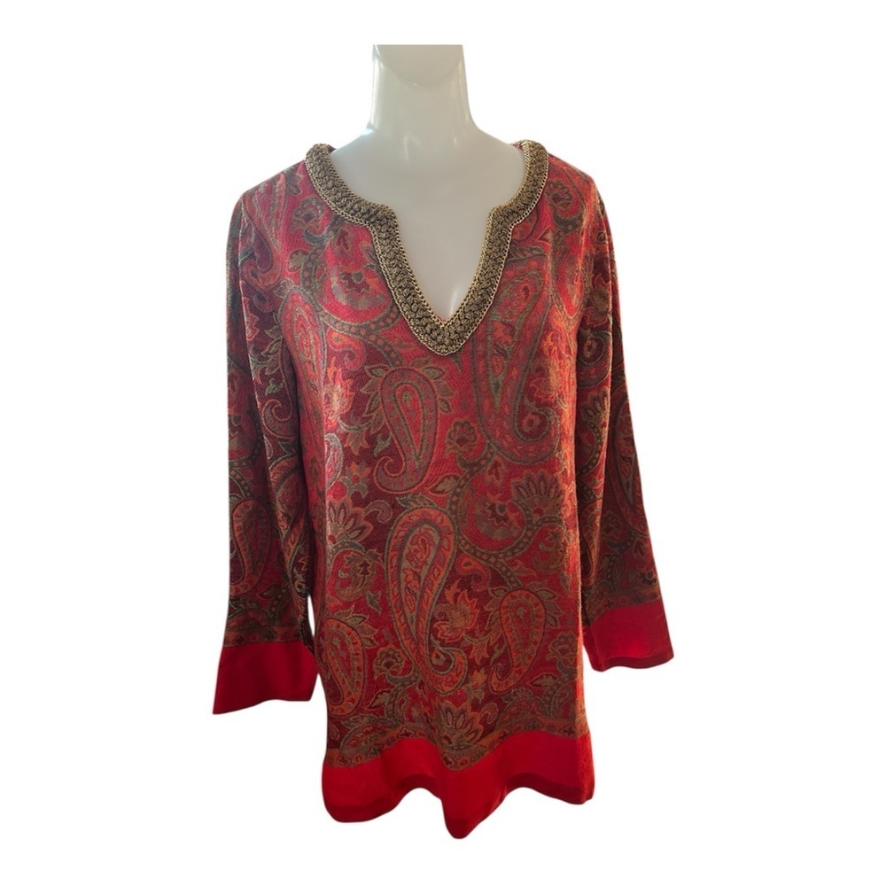 Soft Surroundings Vibrant Red and Gold Paisley Tunic size M - Picture 2 of 8